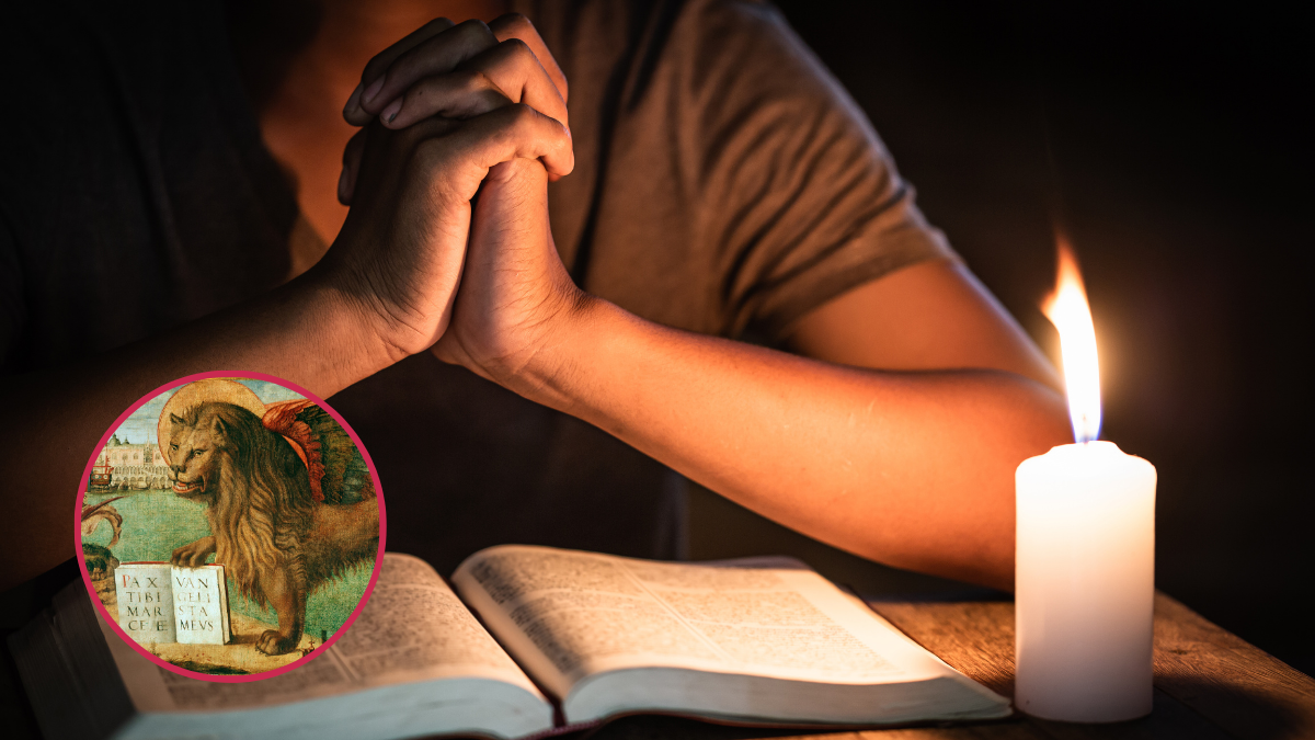 Persona orando con una biblia y una vela; león alado.