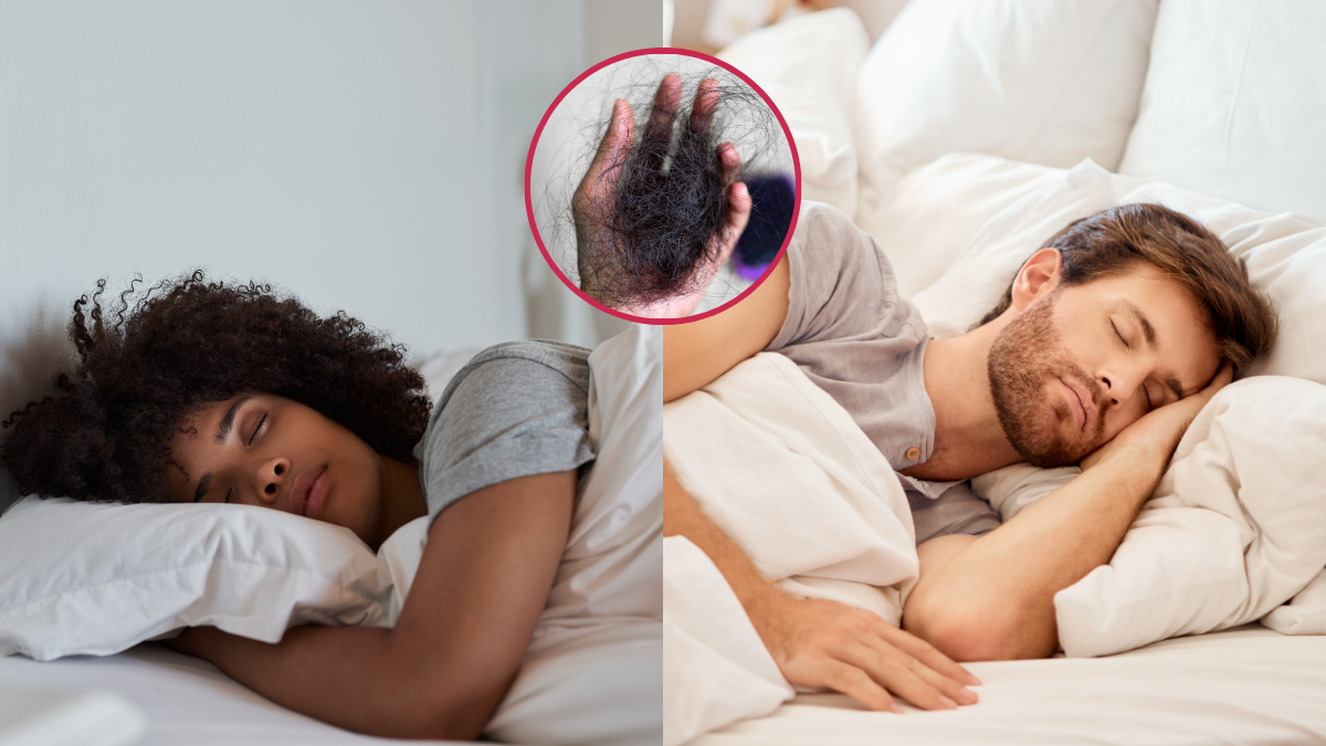 Mujer y hombre durmiendo; mano con mucho un cabello.