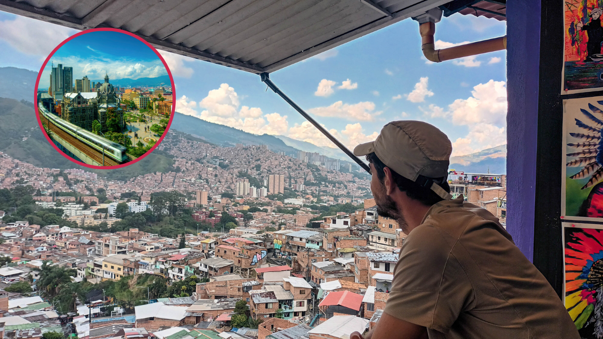 Persona en un mirador de Medellín; y centro de Medellín.