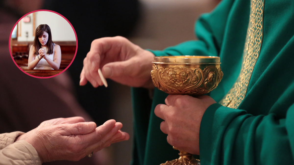 Sacerdote dando la comunión a una persona; y una mujer orando en la iglesia.