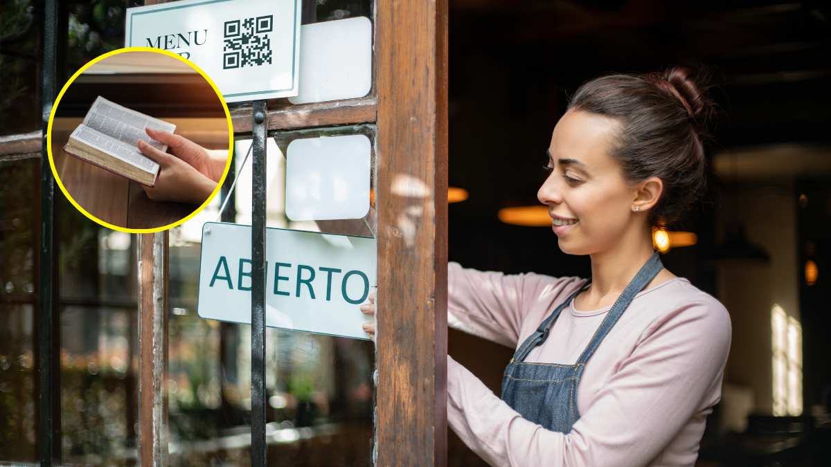 Mujer abriendo un negocios; persona con la Biblia en las manos.