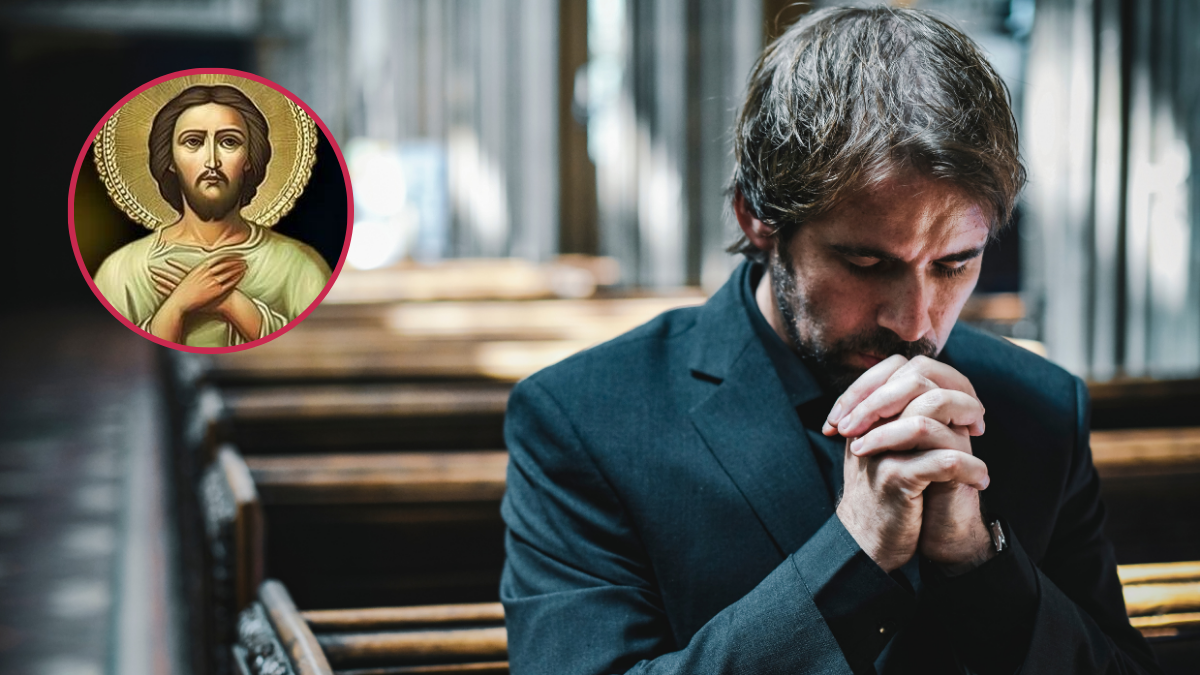 Hombre orando en una iglesia; y San Alejo.