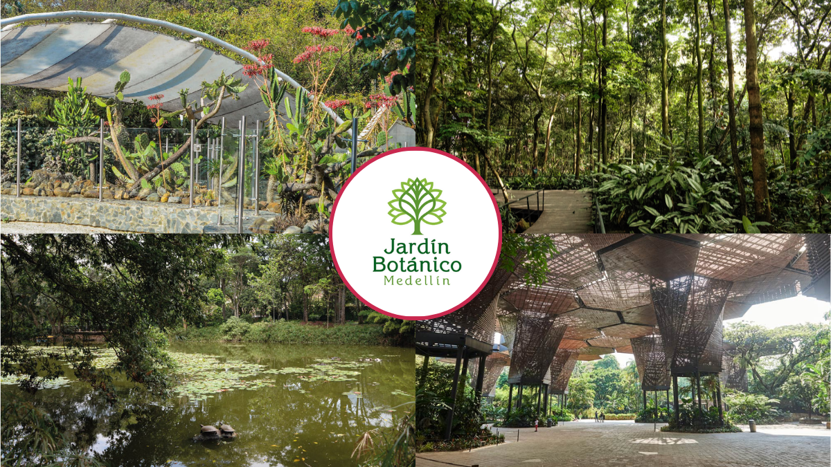 Espacios del Jardín Botánico de Medellín y logo del jardín.