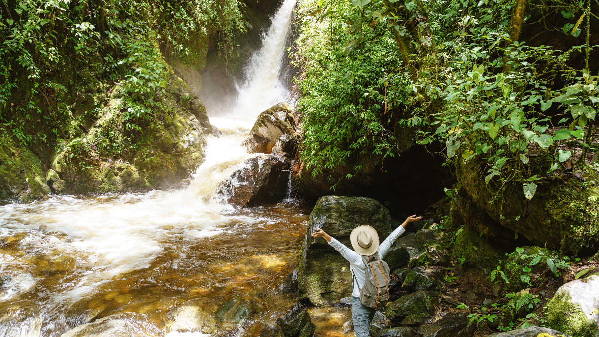 Persona frente a una cascada con río.