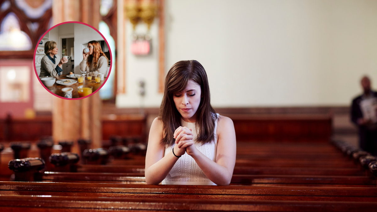 Mujer orando y madre e hija conviviendo (Getty Images)